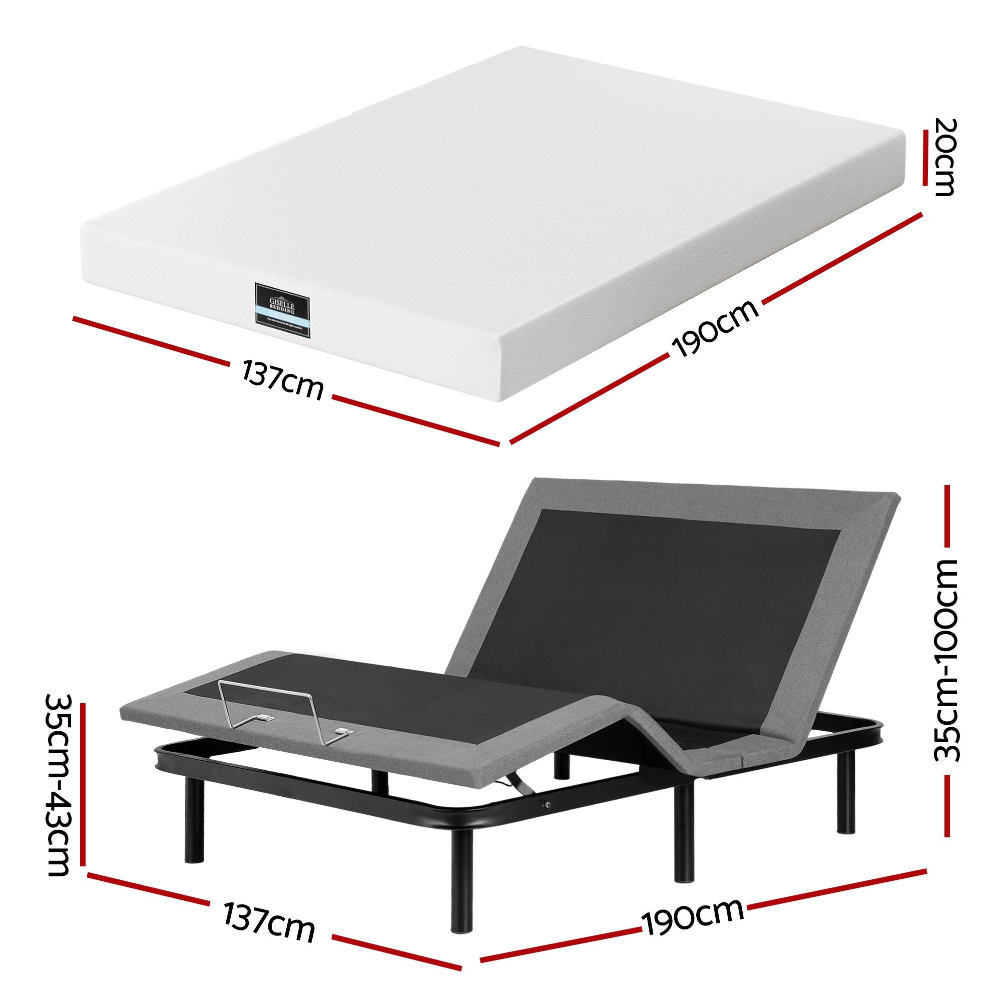 Artiss Double size bed frame &amp; Giselle Bedding Double Mattress Combo, adjustable bed Base for Snoring Relief, Independent Head Foot Incline, Wireless Remote, Black,20cm Thickness