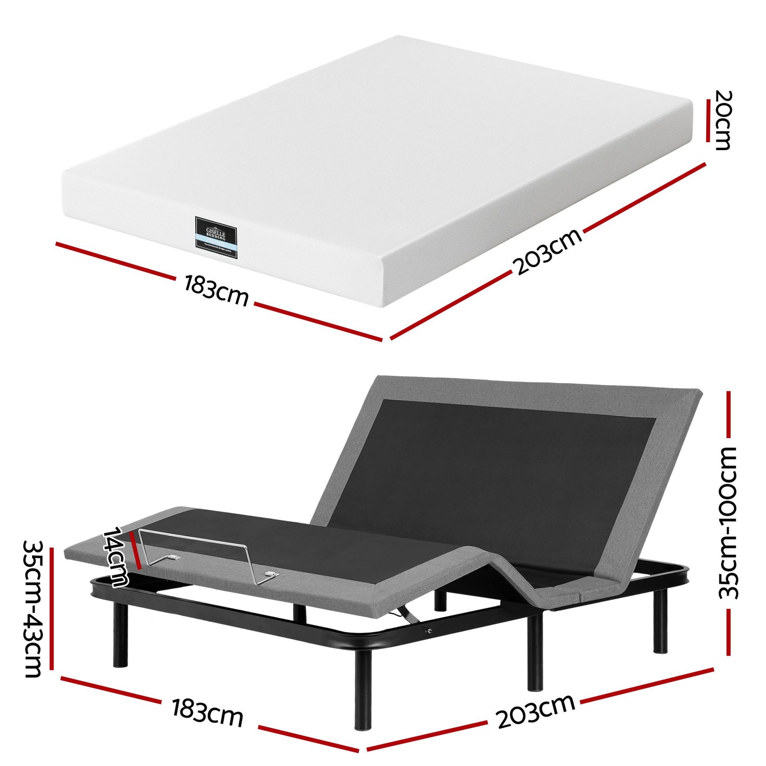 Artiss King size bed frame &amp; Giselle Bedding King Mattress Combo, adjustable bed Base for Snoring Relief, Independent Head Foot Incline, Wireless Remote, Black,20cm Thickness