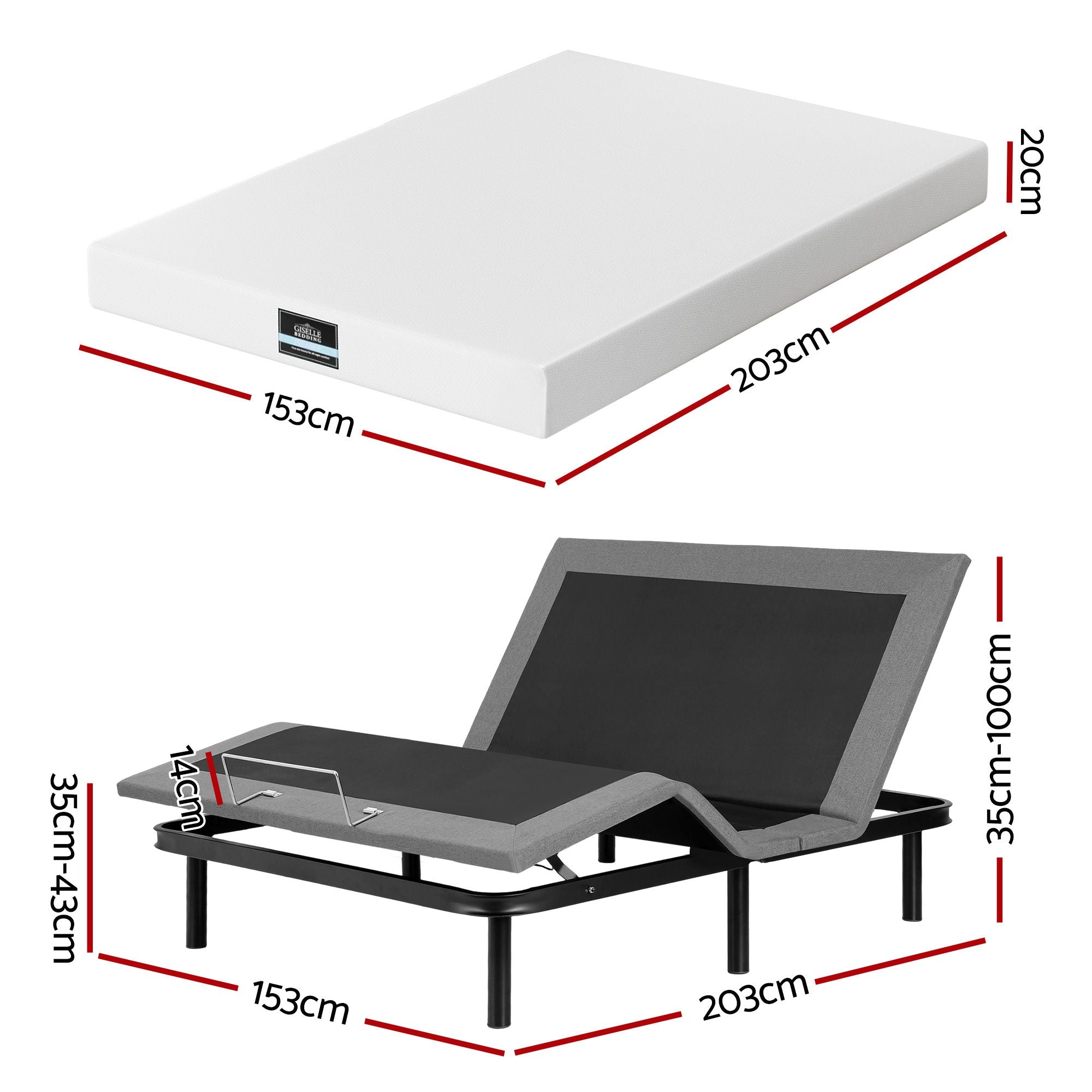 Artiss Queen size bed frame &amp; Giselle Bedding Mattress Queen Combo, adjustable bed Base for Snoring Relief, Independent Head Foot Incline, Wireless Remote, Black,20cm Thickness
