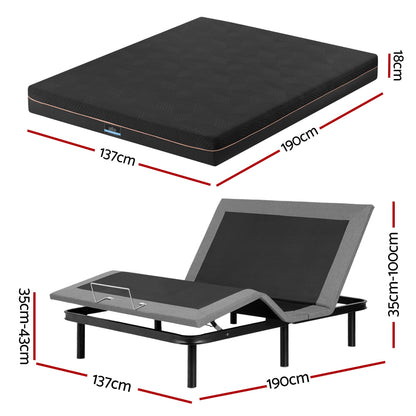Artiss Double size bed frame with Giselle Bedding Double Mattress, adjustable bed Base Combo for Snoring Relief, Independent Head Foot Incline, Wireless Remote, Black,18cm Thickness