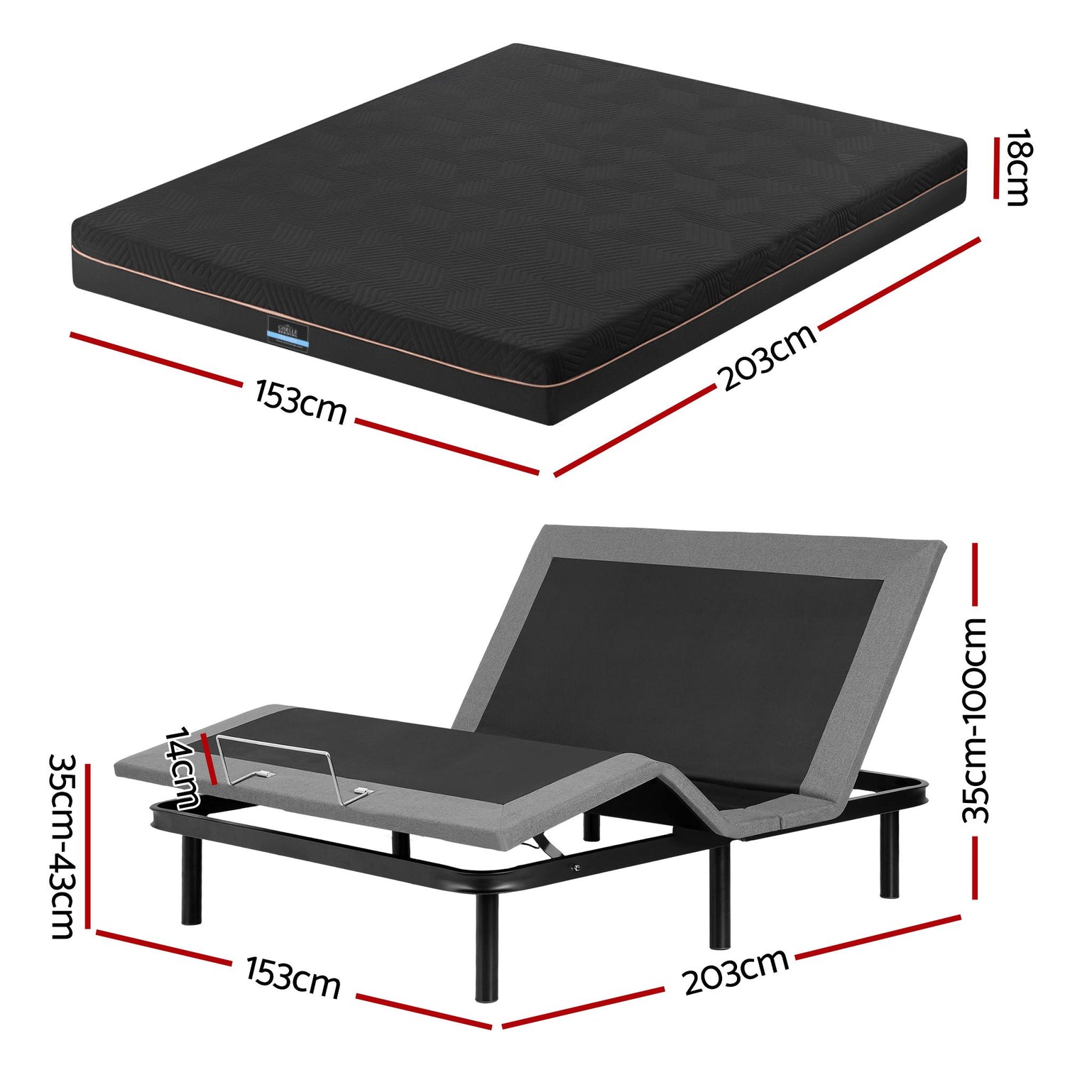 Artiss Queen size bed frame with Giselle Bedding Queen Mattress, adjustable bed Base Combo for Snoring Relief, Independent Head Foot Incline, Wireless Remote, Black,18cm Thickness