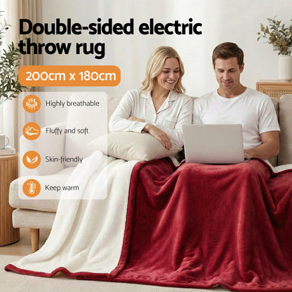 Giselle Electric Throw Rug Double Size 200x180cm Fleece Flannel Heated Blanket Burgundy-Home &amp; Garden > Bedding > Blankets &amp; Throws-PEROZ Accessories