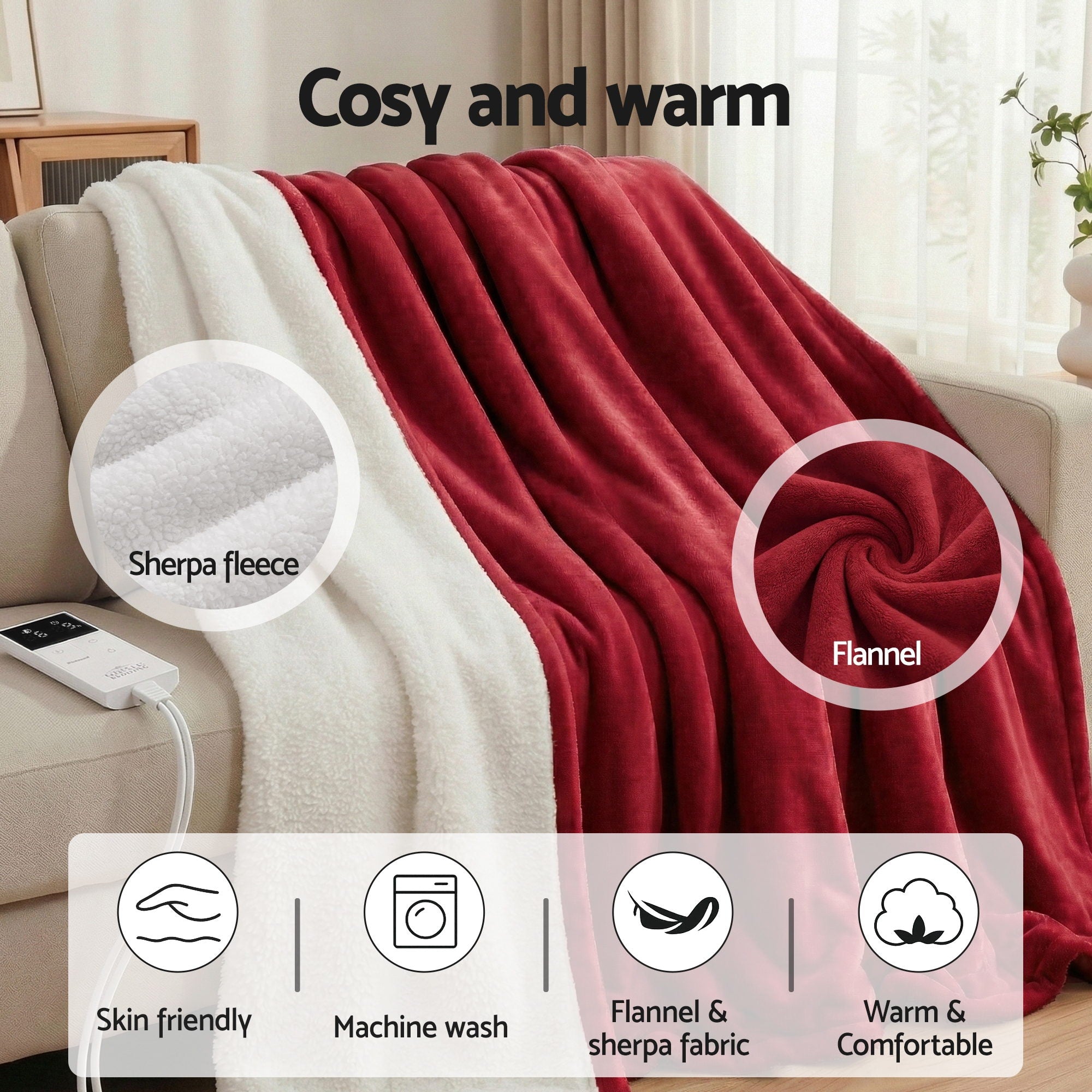 Giselle Electric Throw Rug Double Size 200x180cm Fleece Flannel Heated Blanket Burgundy-Home &amp; Garden > Bedding > Blankets &amp; Throws-PEROZ Accessories