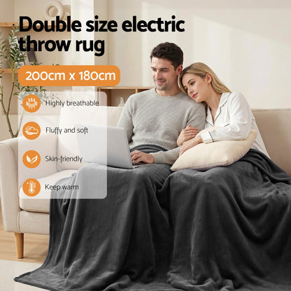 Giselle Electric Throw Rug Double Size 200x180cm Coral Fleece Heated Blanket Grey-Home &amp; Garden > Bedding > Blankets &amp; Throws-PEROZ Accessories