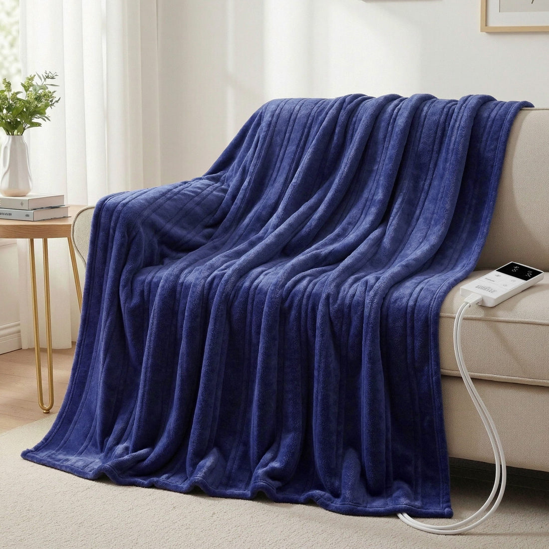 Giselle Electric Throw Rug Double Size 200x180cm Coral Fleece Heated Blanket Navy Blue-Home &amp; Garden > Bedding > Blankets &amp; Throws-PEROZ Accessories