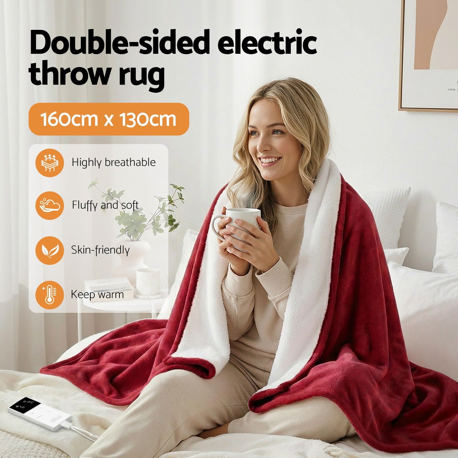 Giselle Electric Throw Rug Dual Side Fleece Flannel Heated Blanket Burgundy-Home &amp; Garden > Bedding > Blankets &amp; Throws-PEROZ Accessories
