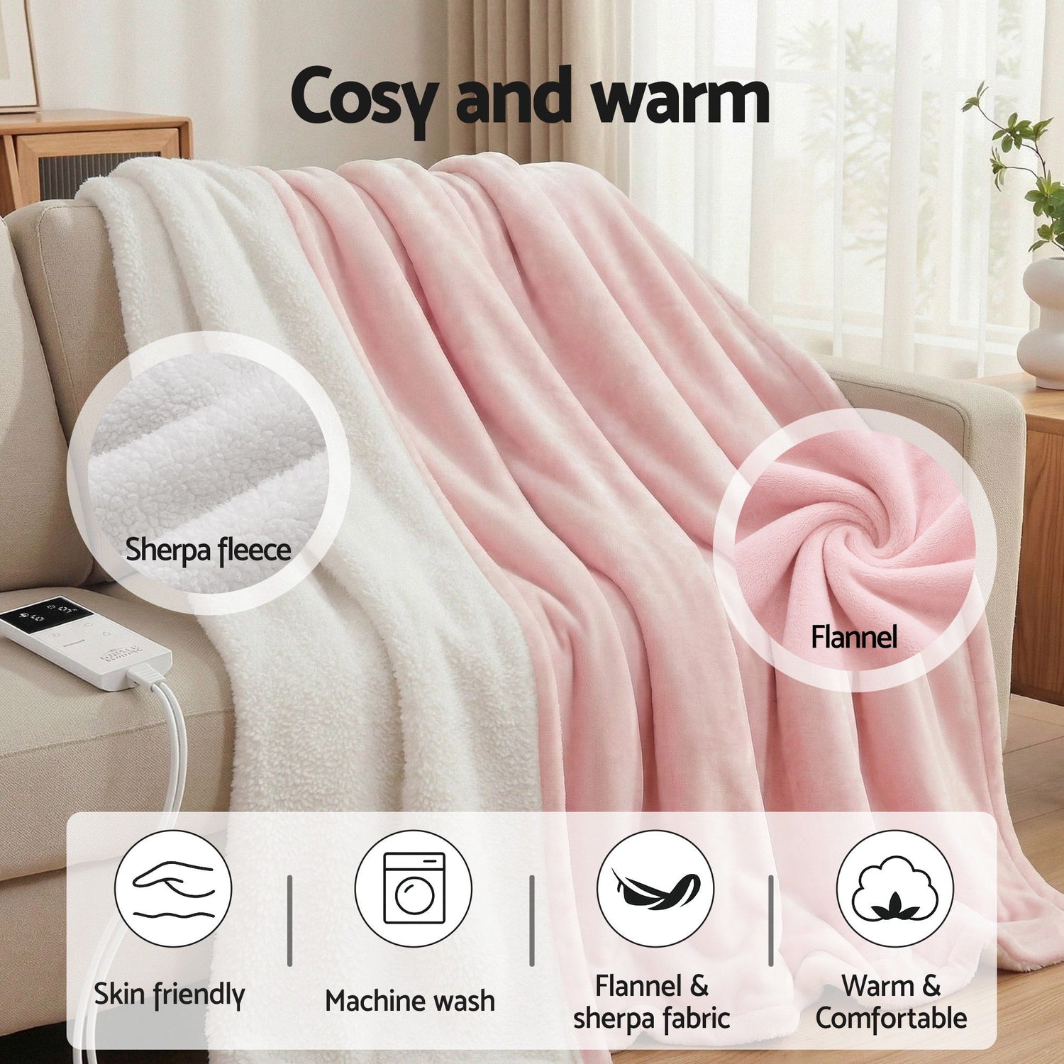 Giselle Electric Throw Rug Dual Side Fleece Flannel Heated Blanket Pink-Home &amp; Garden > Bedding > Blankets &amp; Throws-PEROZ Accessories