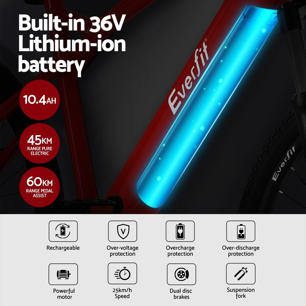 Everfit 26 Inch Electric Bike Mountain Bicycle eBike Built-in Battery 250W-Sports &amp; Fitness > Bikes &amp; Accessories > Bicycles-PEROZ Accessories