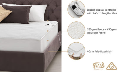 Bedra Electric Blanket Fleece Fully Fitted Washable King-Electric Blankets-PEROZ Accessories
