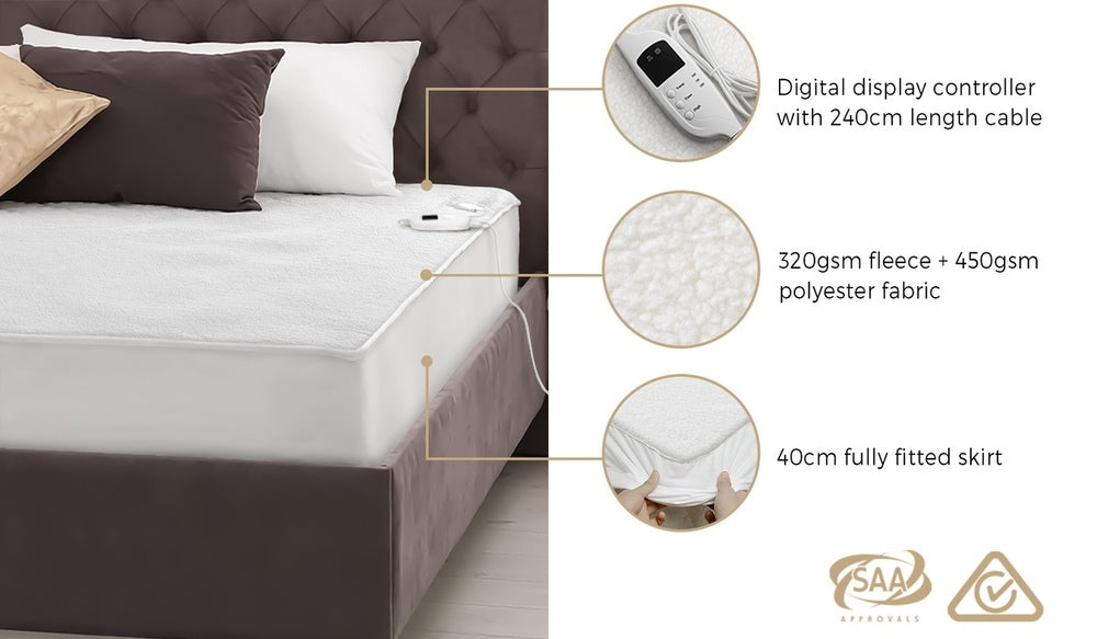 Bedra Electric Blanket Fleece Fully Fitted Washable King-Electric Blankets-PEROZ Accessories