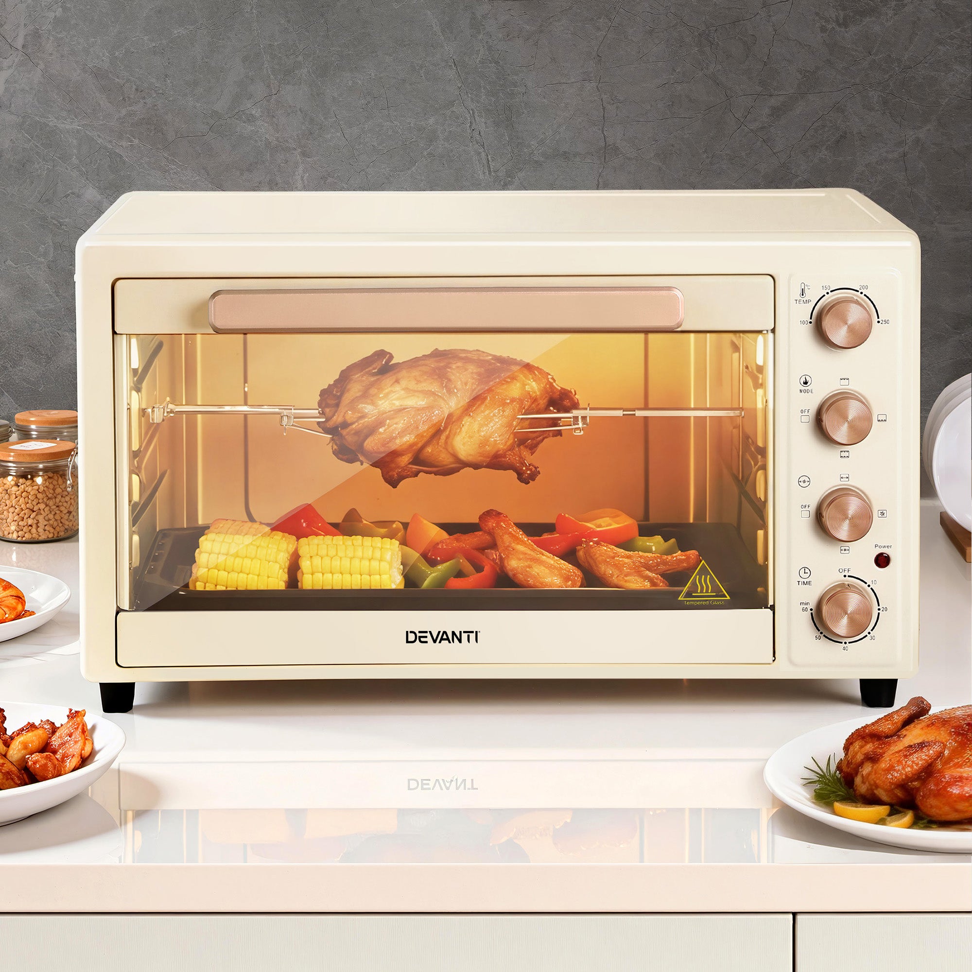 Devanti 60L Convection Oven Electric Fryer Ovens 2000W Cream-Appliances > Kitchen Appliances > Ovens-PEROZ Accessories