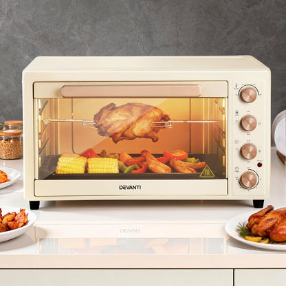 Devanti 60L Convection Oven Electric Fryer Ovens 2000W Cream-Appliances > Kitchen Appliances > Ovens-PEROZ Accessories