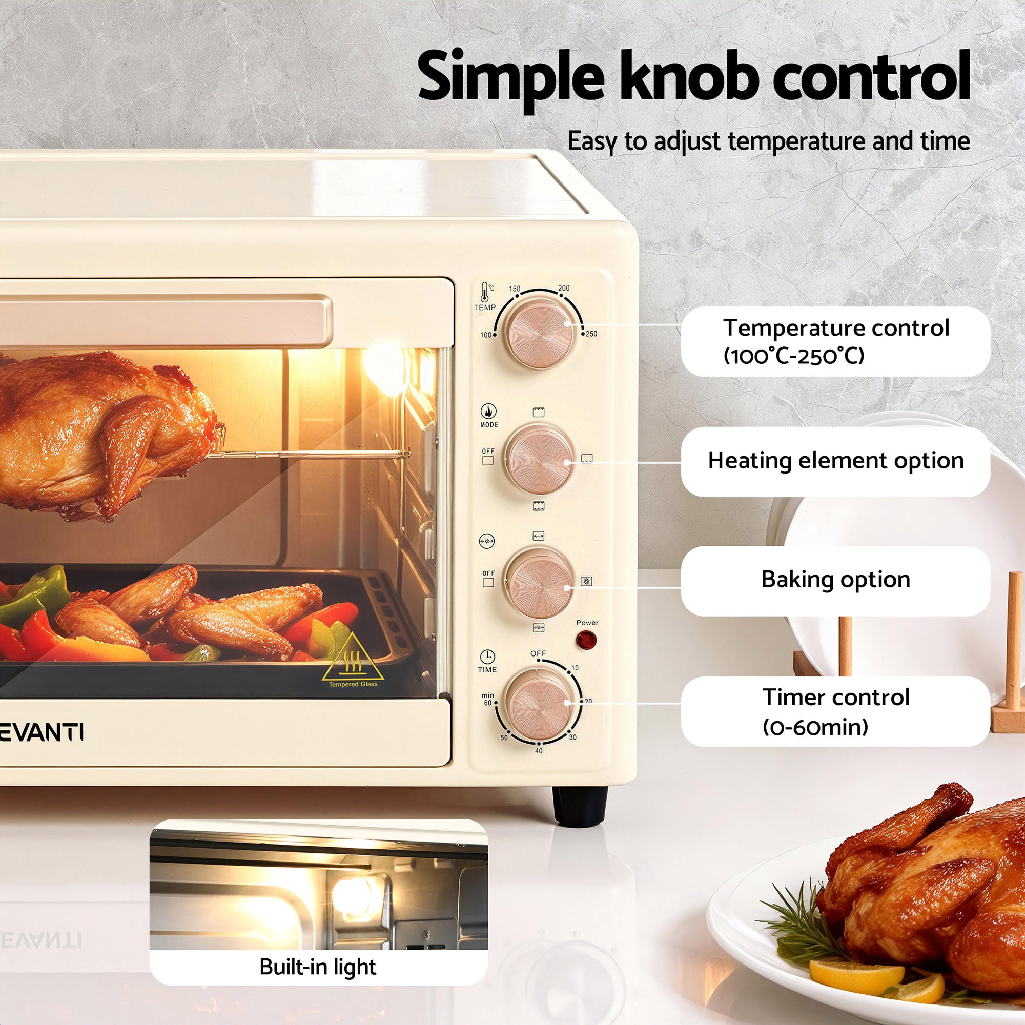 Devanti 60L Convection Oven Electric Fryer Ovens 2000W Cream-Appliances > Kitchen Appliances > Ovens-PEROZ Accessories