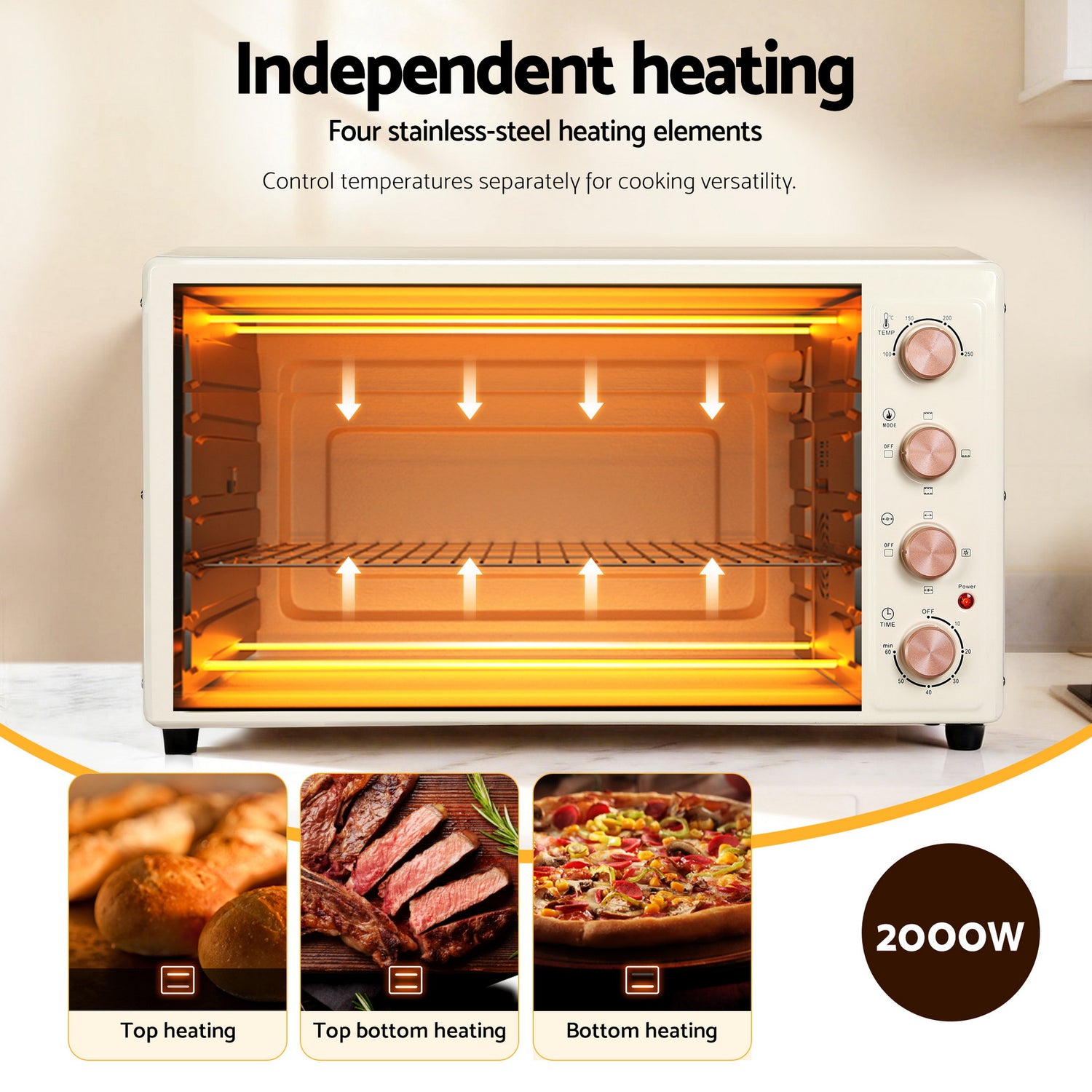 Devanti 60L Convection Oven Electric Fryer Ovens 2000W Cream-Appliances > Kitchen Appliances > Ovens-PEROZ Accessories