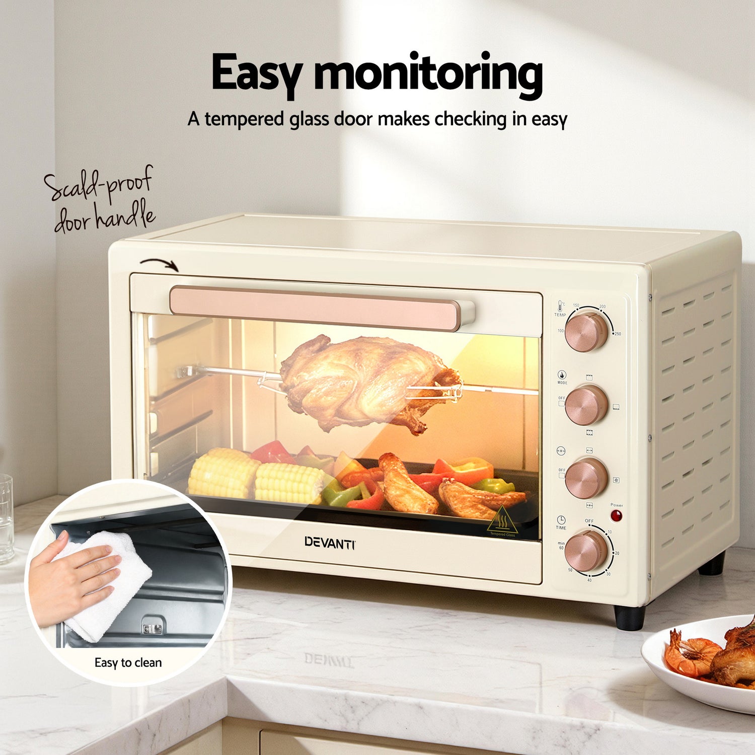 Devanti 60L Convection Oven Electric Fryer Ovens 2000W Cream-Appliances > Kitchen Appliances > Ovens-PEROZ Accessories