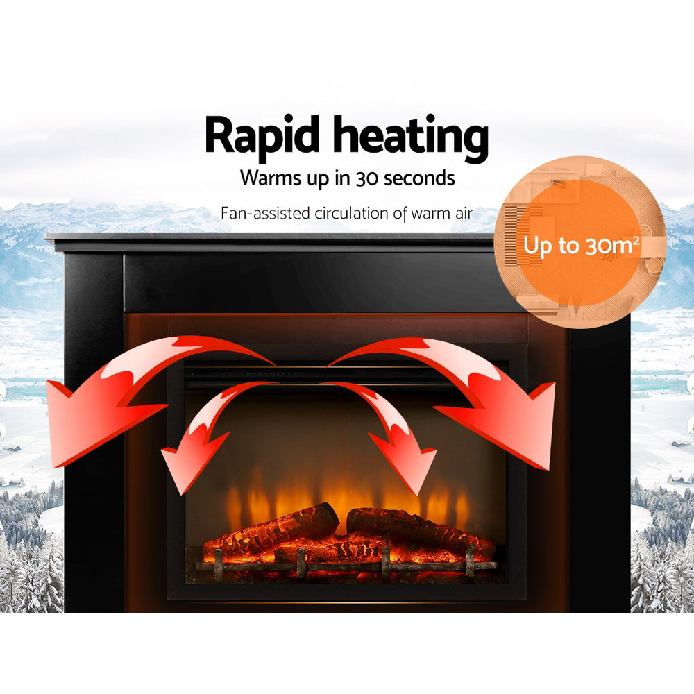 Devanti 2000W Electric Fireplace Mantle Portable Fire Log Wood Heater 3D Flame Effect Black-Heaters-PEROZ Accessories