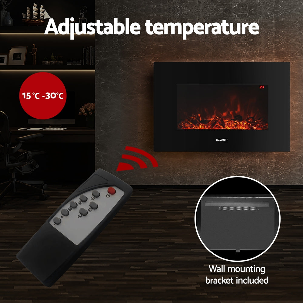 Devanti Electric Fireplace Fire Heater 2000W Black-Appliances &gt; Heaters-PEROZ Accessories