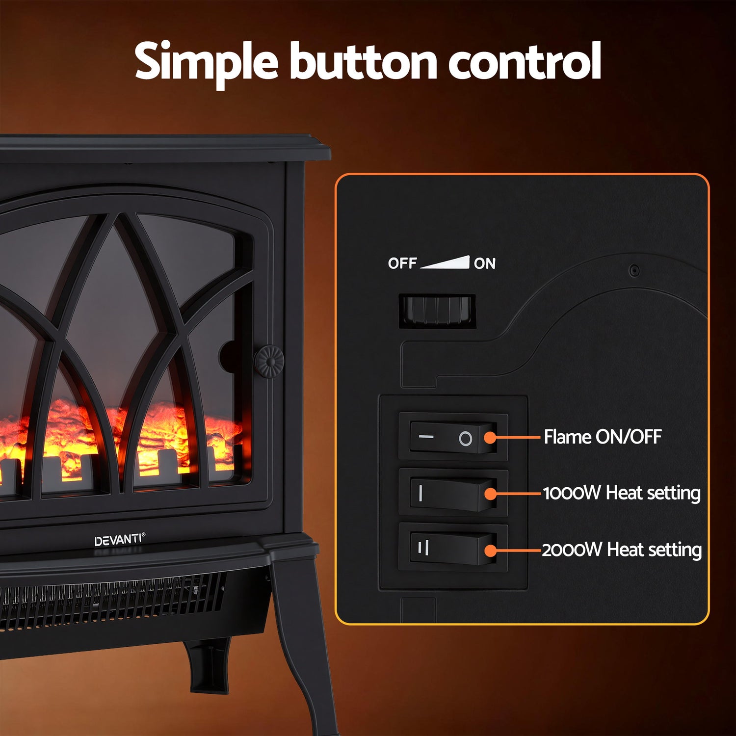 Devanti 2000W Electric Fireplace Heater Stove Freestanding 3D Flame Effect Indoor Space Heaters-Appliances > Heaters > Electric Heaters-PEROZ Accessories