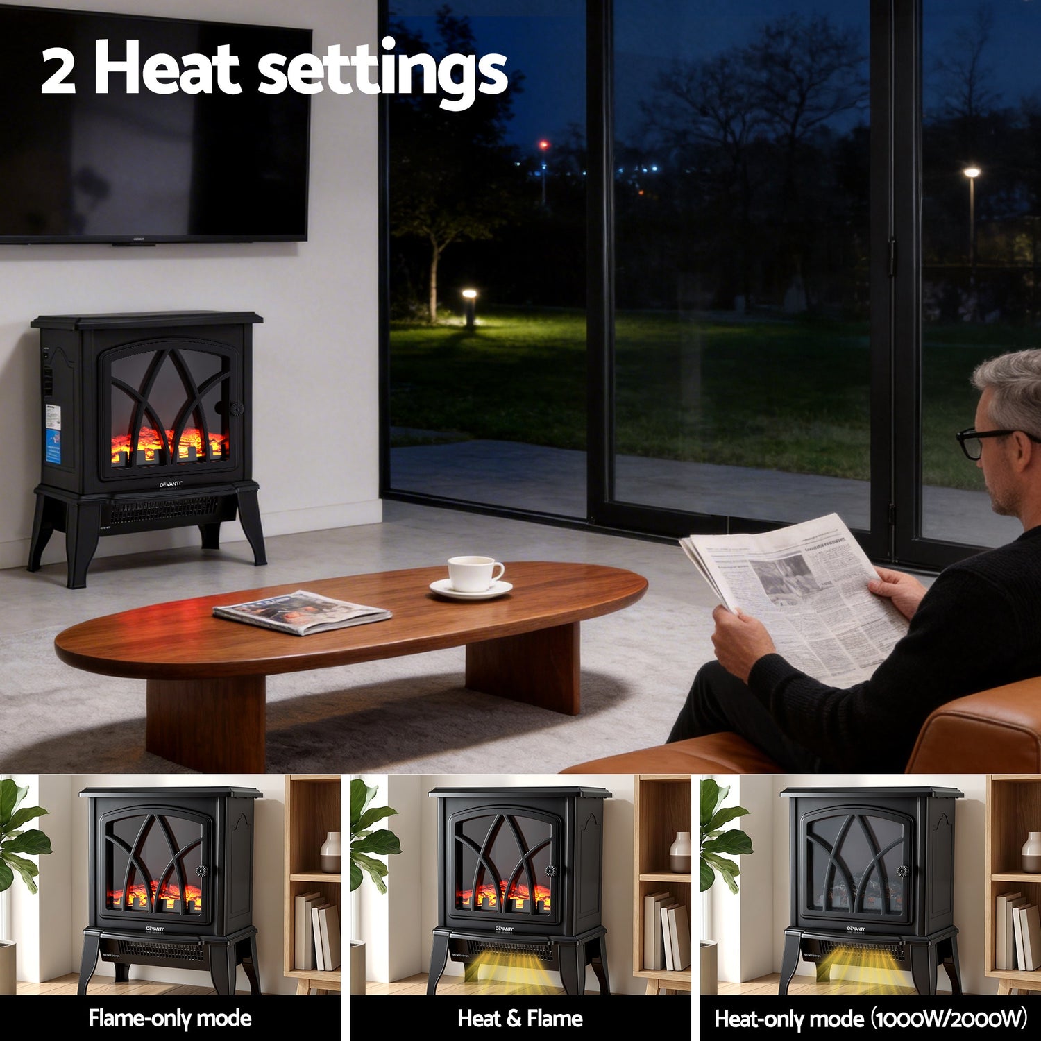 Devanti 2000W Electric Fireplace Heater Stove Freestanding 3D Flame Effect Indoor Space Heaters-Appliances > Heaters > Electric Heaters-PEROZ Accessories