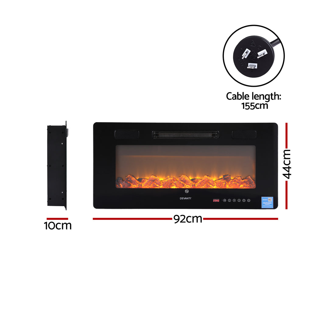 Devanti Electric Fireplace Fire Heater Wall Mounted Insert 3D Flame 1800W Remote Control-Appliances > Heaters > Electric Heaters-PEROZ Accessories