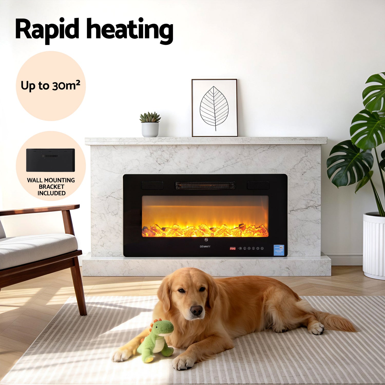 Devanti Electric Fireplace Fire Heater Wall Mounted Insert 3D Flame 1800W Remote Control-Appliances > Heaters > Electric Heaters-PEROZ Accessories