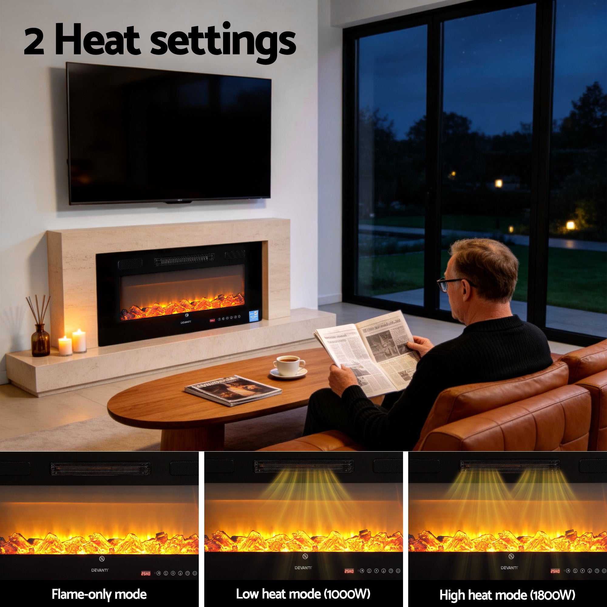 Devanti Electric Fireplace Fire Heater Wall Mounted Insert 3D Flame 1800W Remote Control-Appliances > Heaters > Electric Heaters-PEROZ Accessories