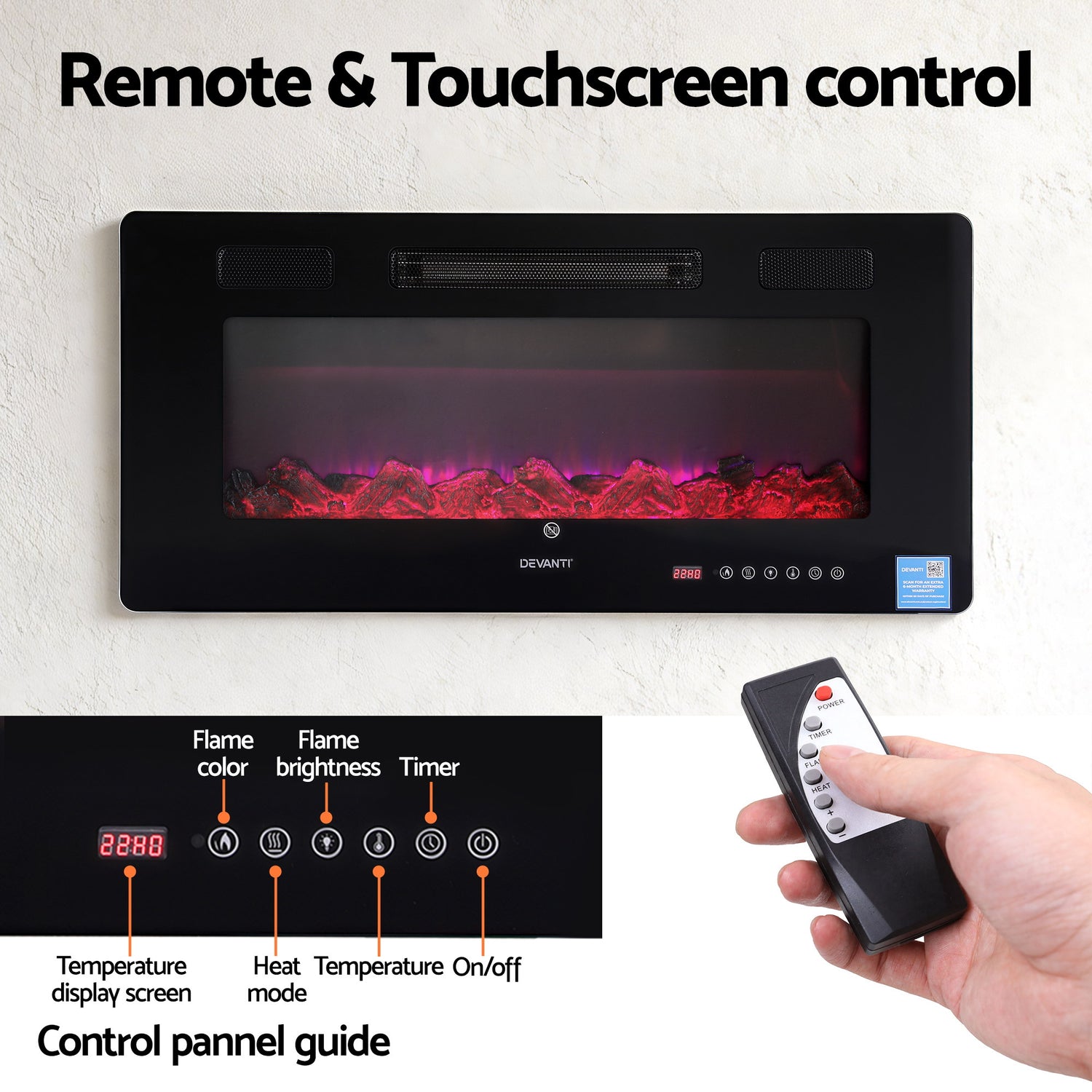 Devanti Electric Fireplace Fire Heater Wall Mounted Insert 3D Flame 1800W Remote Control-Appliances > Heaters > Electric Heaters-PEROZ Accessories