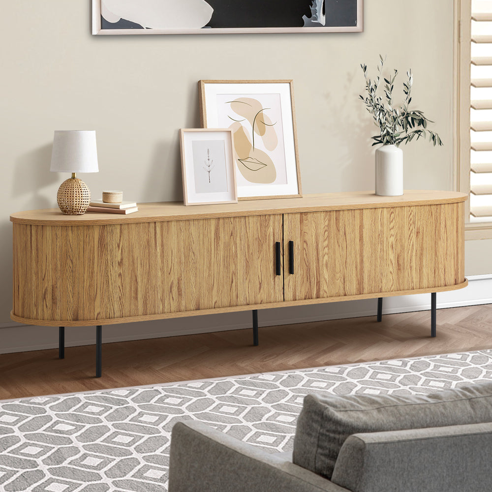 Oikiture Entertainment Unit TV Stand Cabinet 160cm Tambour Doors Oak-Entertainment Unit-PEROZ Accessories
