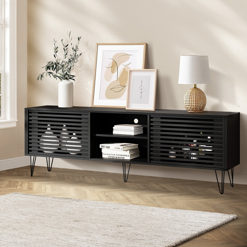 Oikiture TV Cabinet Storage Sliding Door 180cm Black-Entertainment Units-PEROZ Accessories