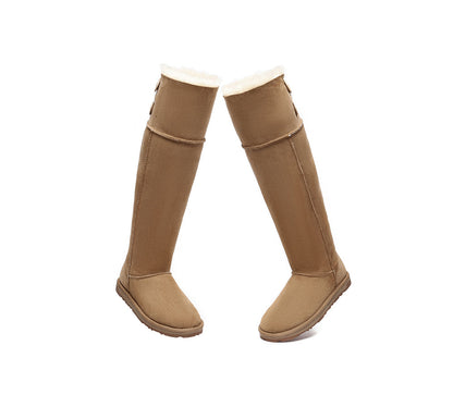 EVERAU UGG Boots Women Double Faced Sheepskin Wool Tall Button Over-Knee Jenner-UGG Boots-PEROZ Accessories