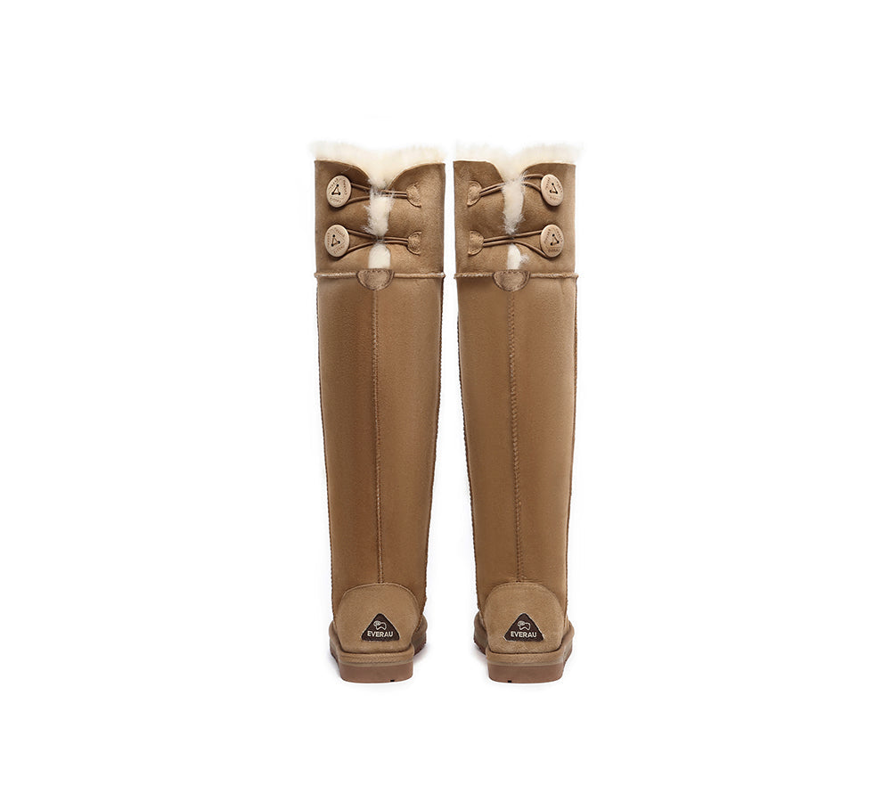 EVERAU UGG Boots Women Double Faced Sheepskin Wool Tall Button Over-Knee Jenner-UGG Boots-PEROZ Accessories