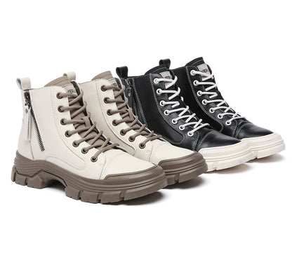 EVERAU® Women Leather Lace Up Zipper Chunky Boots Lorrin-PEROZ Accessories