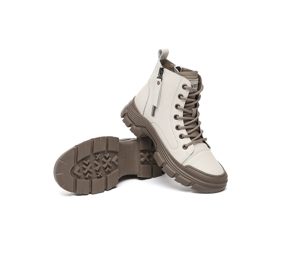 EVERAU® Women Leather Lace Up Zipper Chunky Boots Lorrin-PEROZ Accessories