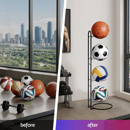 Everfit Ball Storage Rack Sports Equipment Organizer 4-Tier Holder for Garage Gym Black-Tools > Tools Storage > Wall Storage Racks-PEROZ Accessories