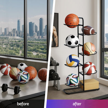 Everfit Ball Storage Rack Sports Equipment Organizer 7-Tier Holder for Garage Gym Black-Tools > Tools Storage > Wall Storage Racks-PEROZ Accessories