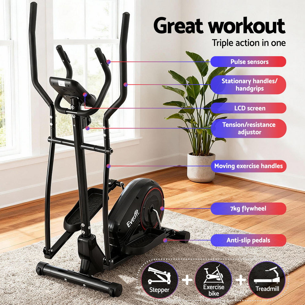 Everfit Exercise Bike Elliptical Cross Trainer Home Gym Fitness Machine LCD-Sports &amp; Fitness > Exercise, Gym &amp; Fitness > Exercise Bikes-PEROZ Accessories