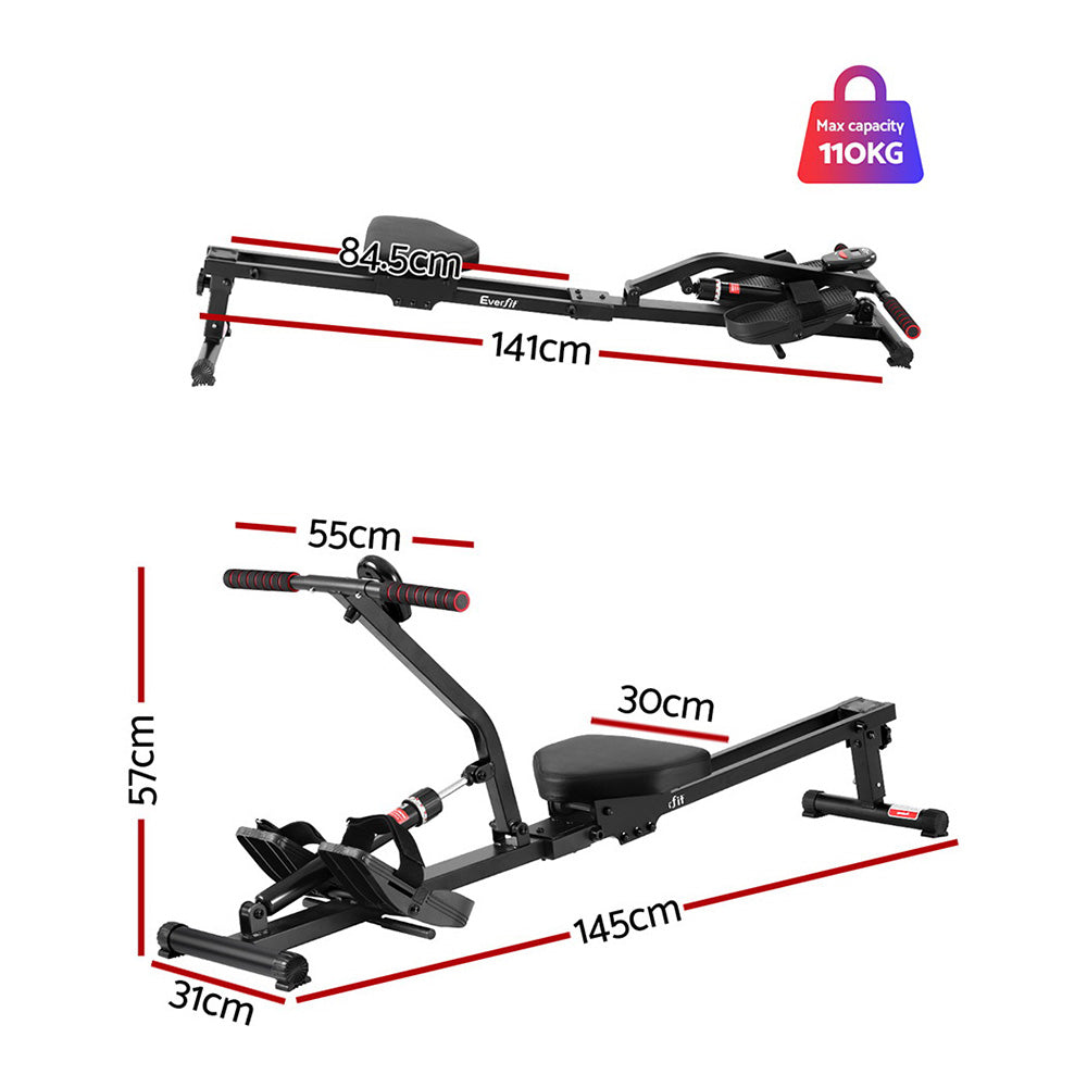 Everfit Hydraulic Rowing Machine Rower 12 Levels Resistance Exercise Fitness Gym Cardio-Sports &amp; Fitness > Exercise, Gym &amp; Fitness > Gym Equipment &amp; Accessories-PEROZ Accessories