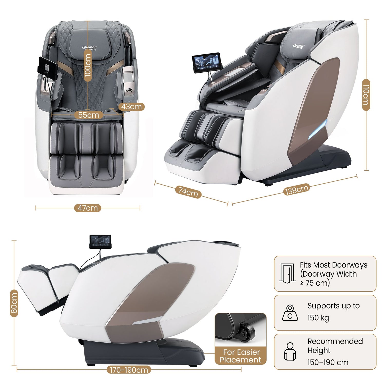 Livemor Prestige 4D Dual Mechanism Massage Chair, Full Body Zero Gravity Recliner with Extended SL Track, Body Scan, Air Compression, Waist Heating, Foot Rollers, Voice Control &amp; Wireless Charging
