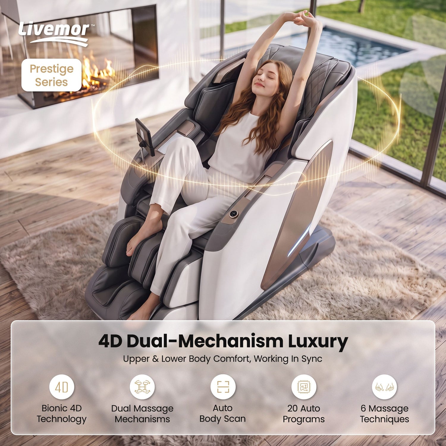Livemor Prestige 4D Dual Mechanism Massage Chair, Full Body Zero Gravity Recliner with Extended SL Track, Body Scan, Air Compression, Waist Heating, Foot Rollers, Voice Control &amp; Wireless Charging