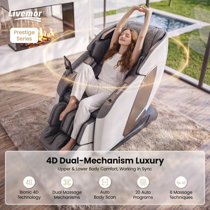 Livemor Prestige 4D Dual Mechanism Massage Chair, Full Body Zero Gravity Recliner with Extended SL Track, Body Scan, Air Compression, Waist Heating, Foot Rollers, Voice Control &amp; Wireless Charging