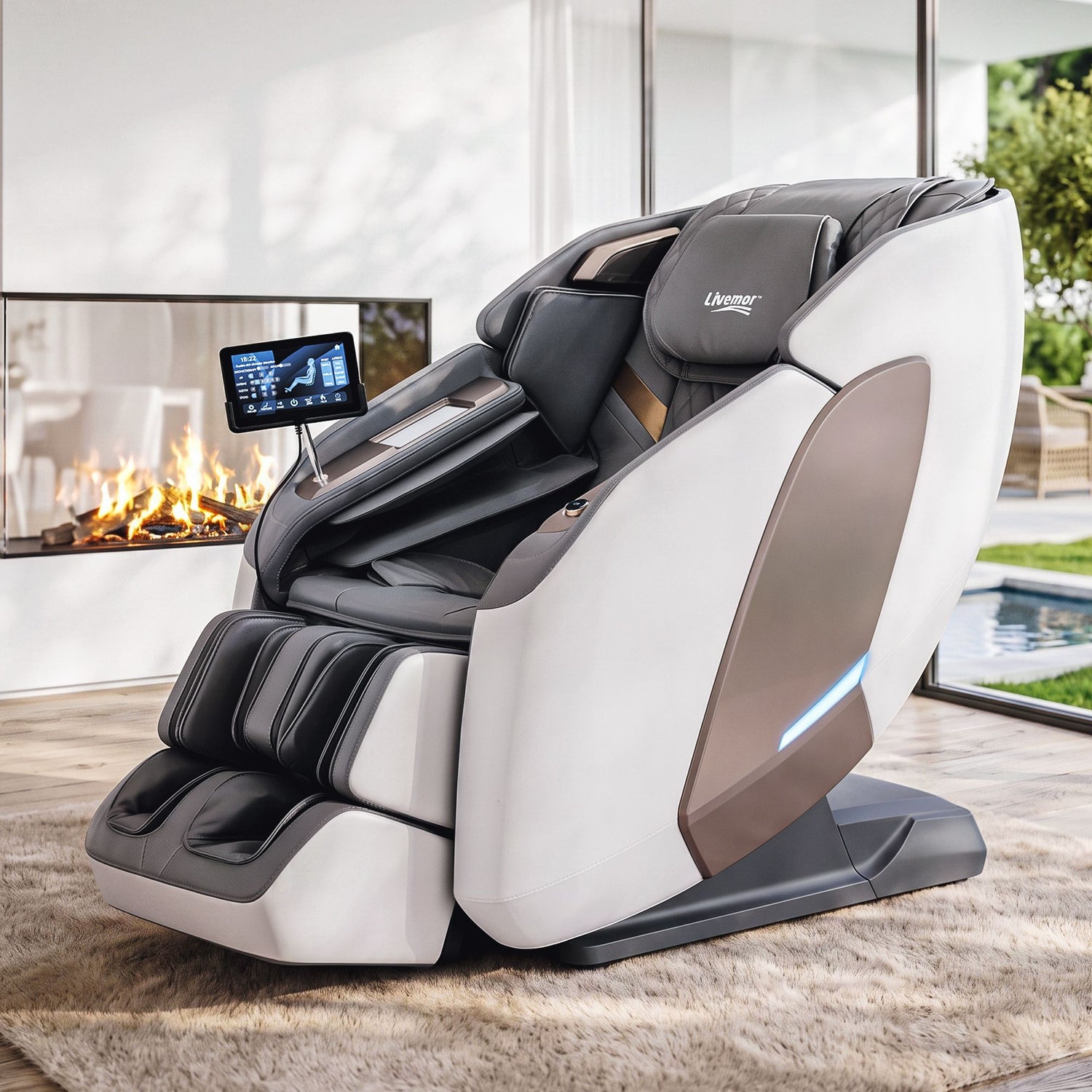Livemor Prestige 4D Dual Mechanism Massage Chair, Full Body Zero Gravity Recliner with Extended SL Track, Body Scan, Air Compression, Waist Heating, Foot Rollers, Voice Control &amp; Wireless Charging