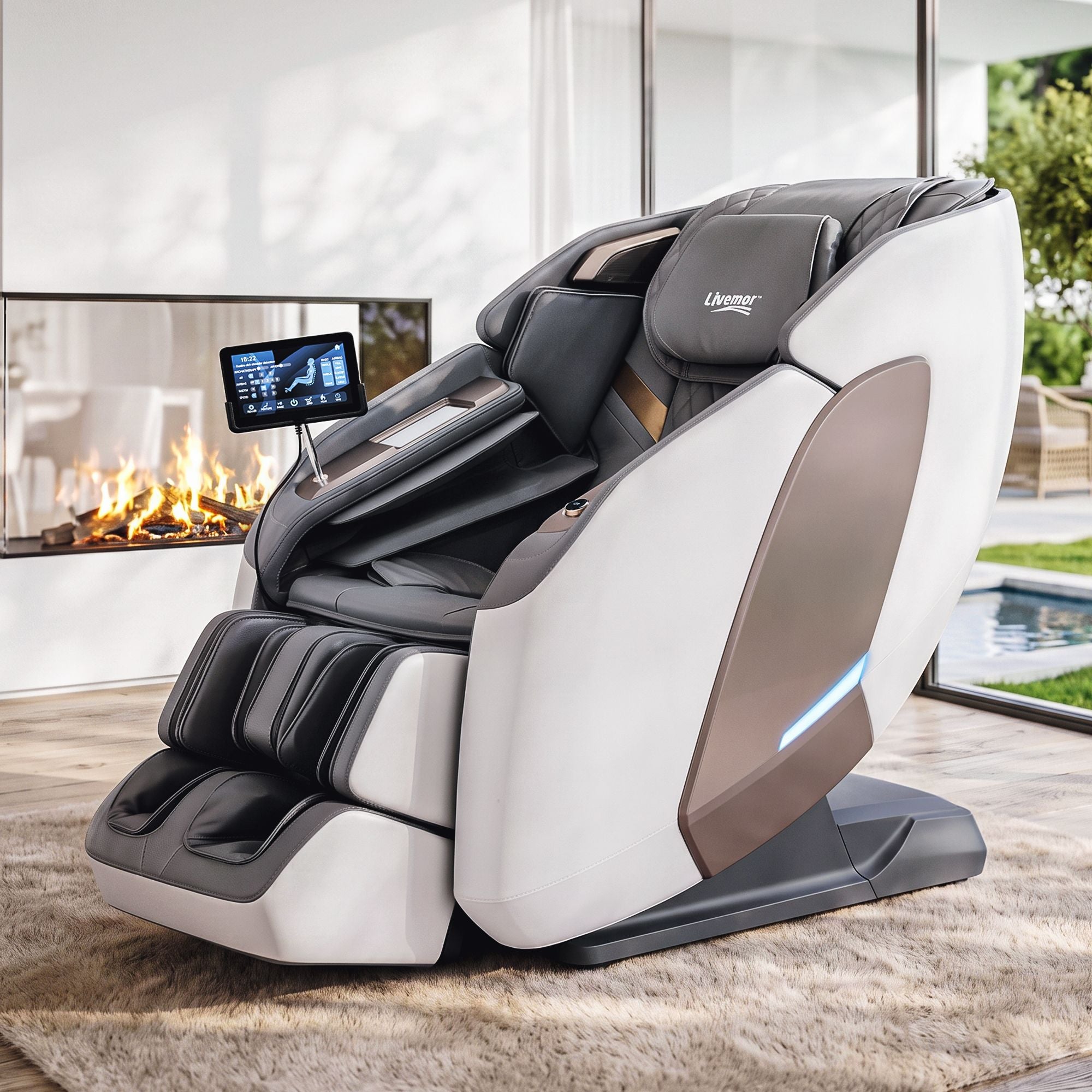 Livemor Prestige 4D Dual Mechanism Massage Chair, Full Body Zero Gravity Recliner with Extended SL Track, Body Scan, Air Compression, Waist Heating, Foot Rollers, Voice Control &amp; Wireless Charging