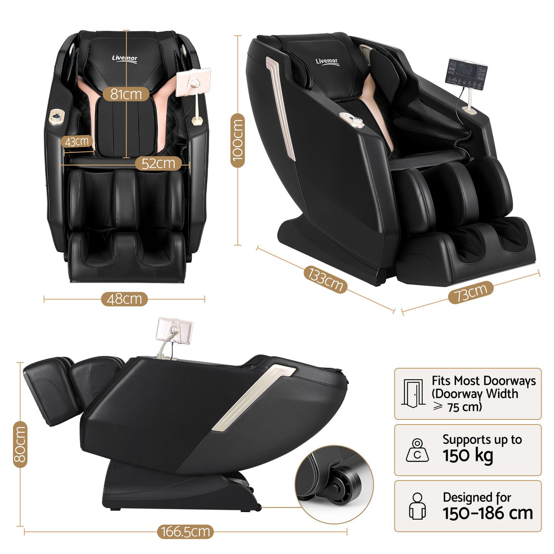 Livemor Flex Massage Chair Full Body with Heat Zero Gravity Recliner, 24 Airbags, Foot Massage, 6 Auto Programs, Voice Control, Bluetooth Speakers, Screen Control, Extendable Footrest-Furniture > Bar Stools &amp; Chairs > Massage Chairs-PEROZ Accessories