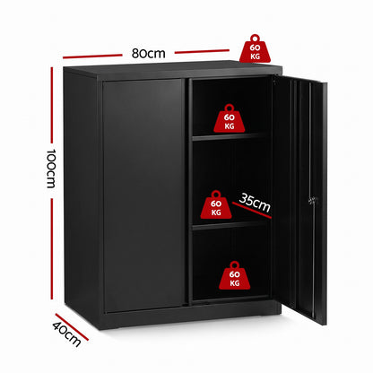 Artiss 100cm Steel Locker Cabinet Filing Mental Storage 100cm 3-Point Lock 2 Adjustable Shelves Black