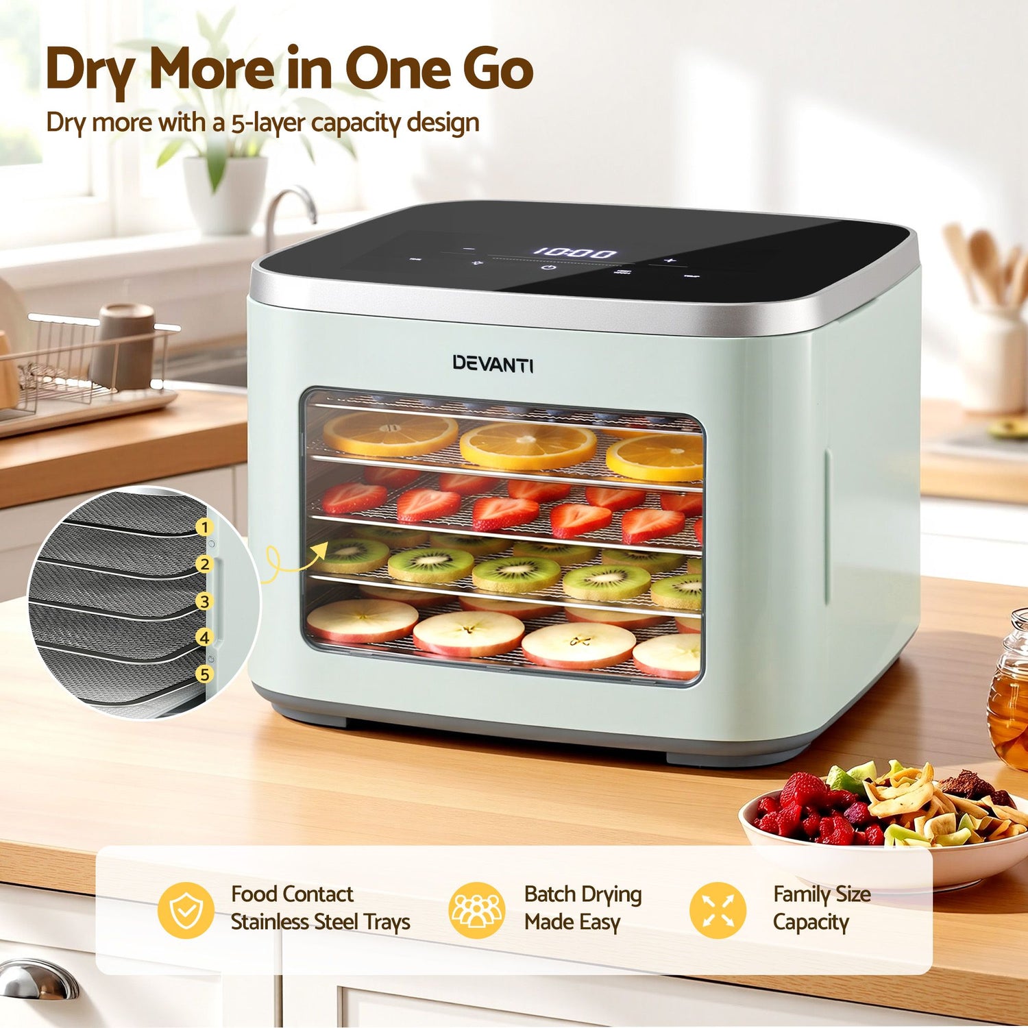 Devanti Food Dehydrator Machine 5 Tray Mini Fruit Dryer Maker Green-Appliances > Kitchen Appliances > Food Dehydrators-PEROZ Accessories
