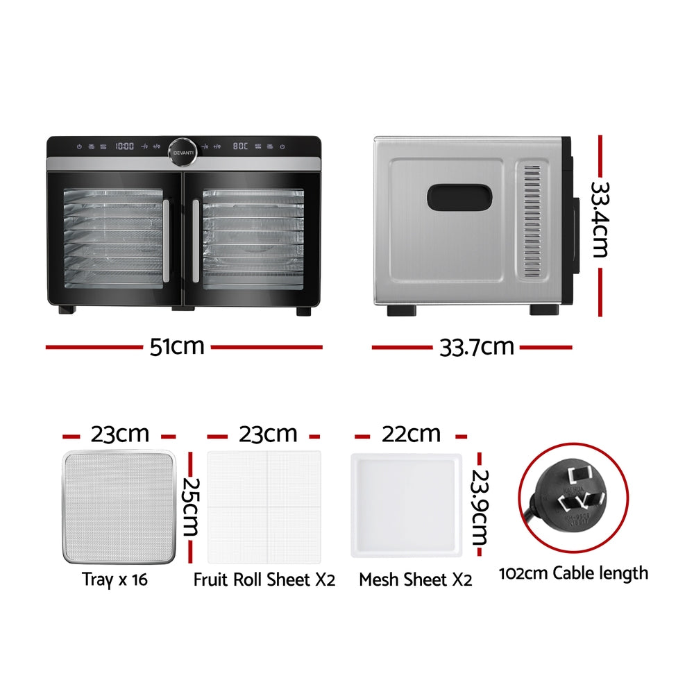Devanti 16 Trays Food Dehydrator Dual-Zone Stainless Steel-Appliances &gt; Kitchen Appliances &gt; Food Dehydrators-PEROZ Accessories