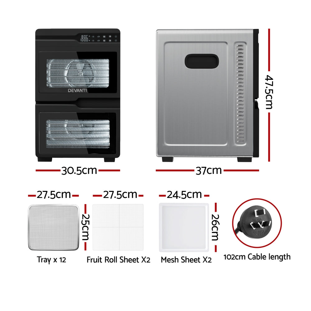 Devanti 12 Trays Food Dehydrator Dual-Zone Stainless Steel Fruit Jerky Dryer-Appliances &gt; Kitchen Appliances &gt; Food Dehydrators-PEROZ Accessories