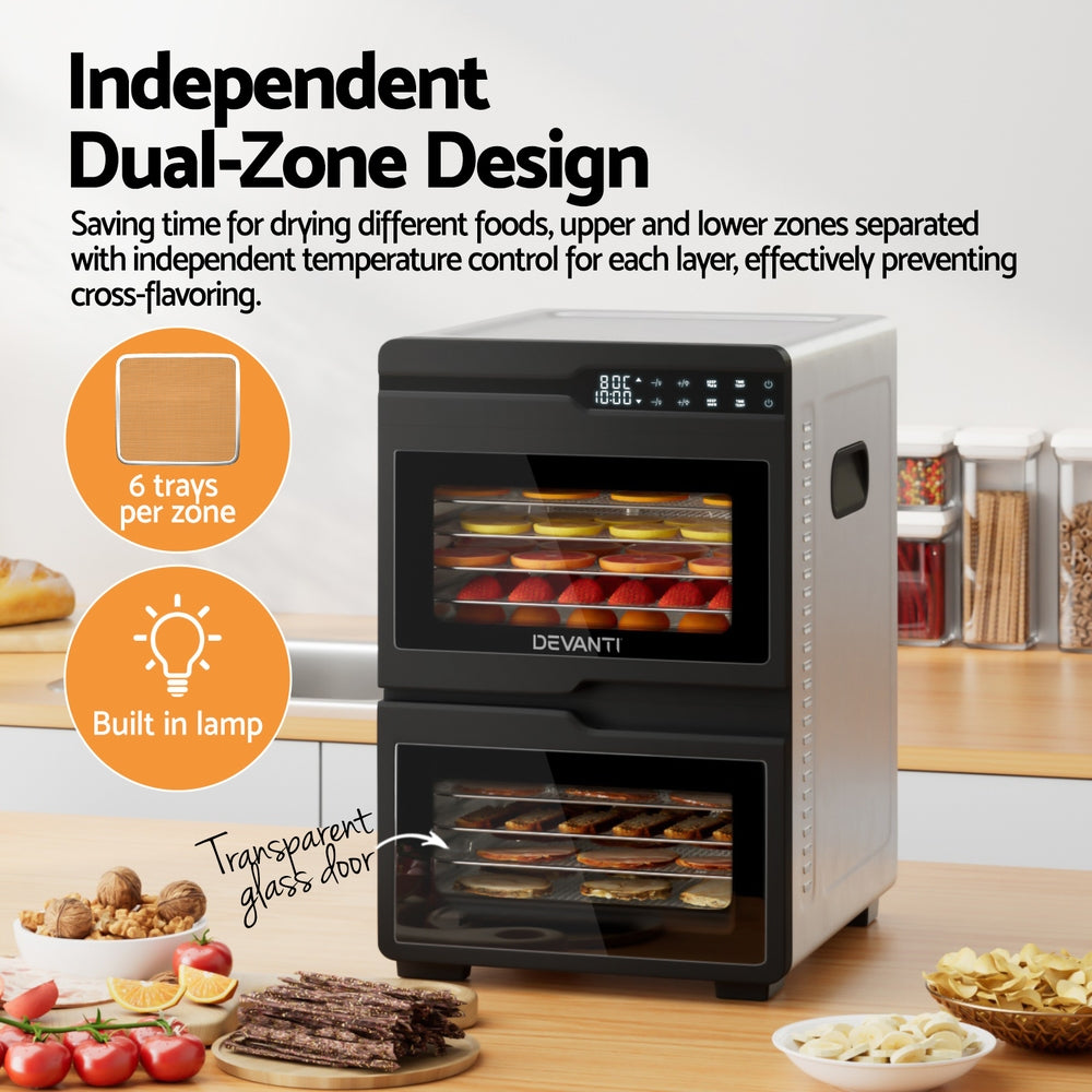 Devanti 12 Trays Food Dehydrator Dual-Zone Stainless Steel Fruit Jerky Dryer-Appliances &gt; Kitchen Appliances &gt; Food Dehydrators-PEROZ Accessories