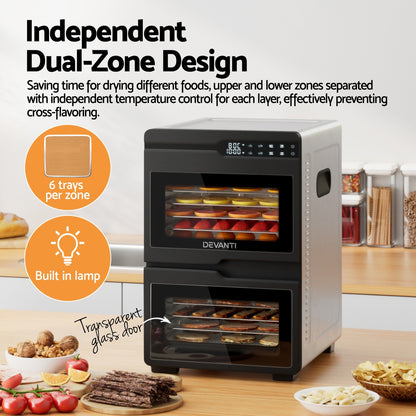 Devanti 12 Trays Food Dehydrator Dual-Zone Stainless Steel Fruit Jerky Dryer-Appliances &gt; Kitchen Appliances &gt; Food Dehydrators-PEROZ Accessories