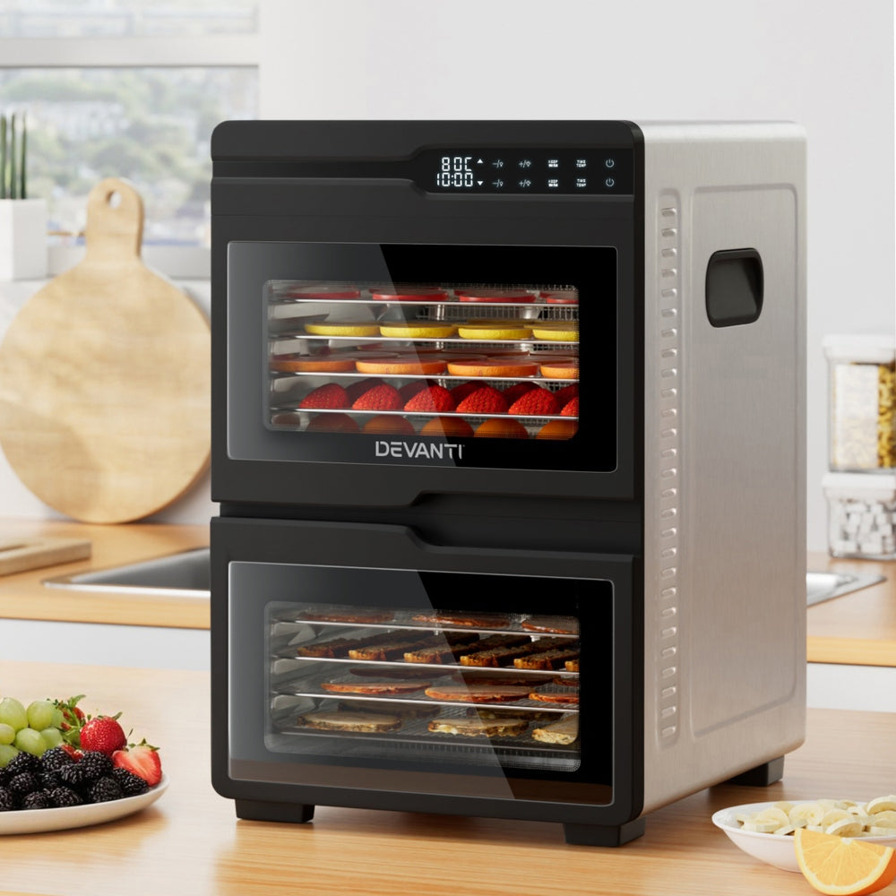 Devanti 12 Trays Food Dehydrator Dual-Zone Stainless Steel Fruit Jerky Dryer-Appliances &gt; Kitchen Appliances &gt; Food Dehydrators-PEROZ Accessories